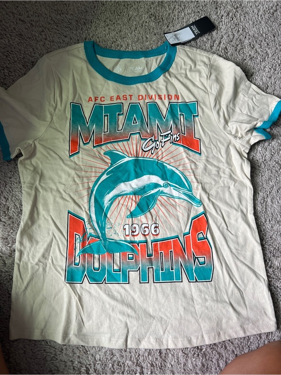 NFL Tops - NFL Miami Dolphin Team Apparel Ringer Tee in Teal & Cream with Coral Accent